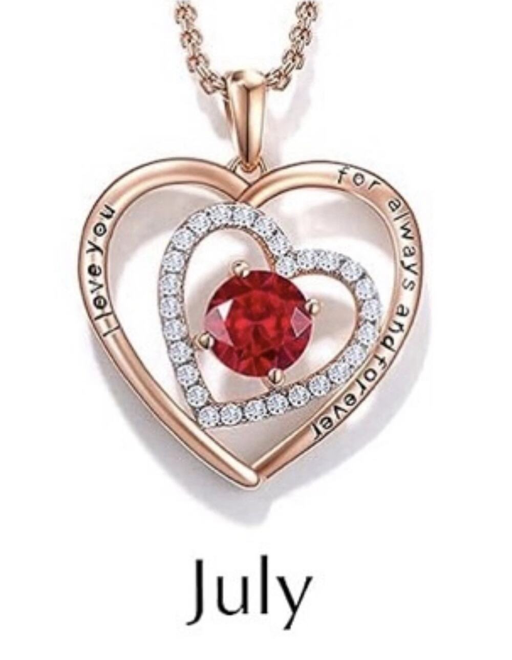 JD & P Heart Necklace Rose Gold Plated Cubic Zirconia July Birthstone